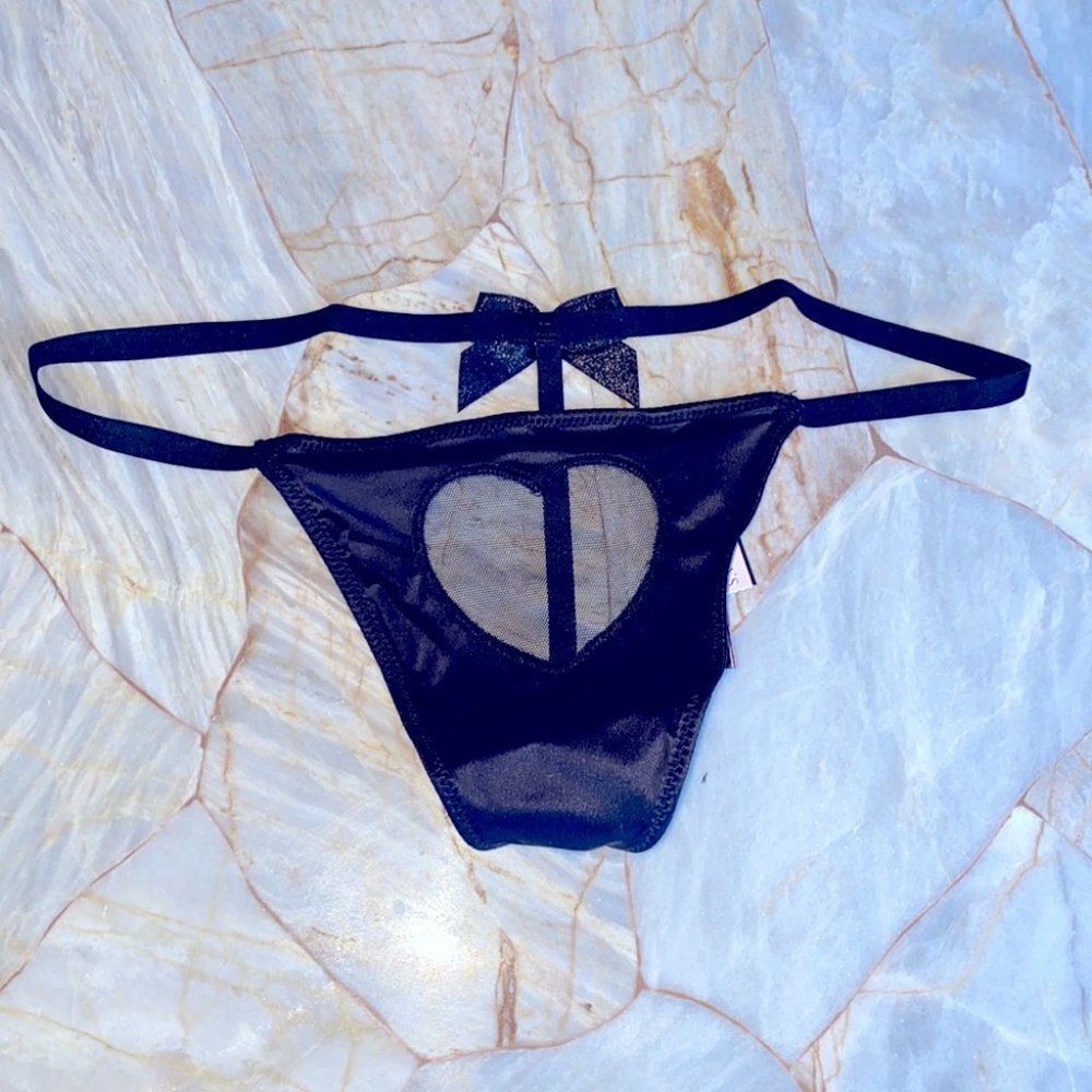 Heart Cutout V-String Satin Mesh Panty Black V-String Small